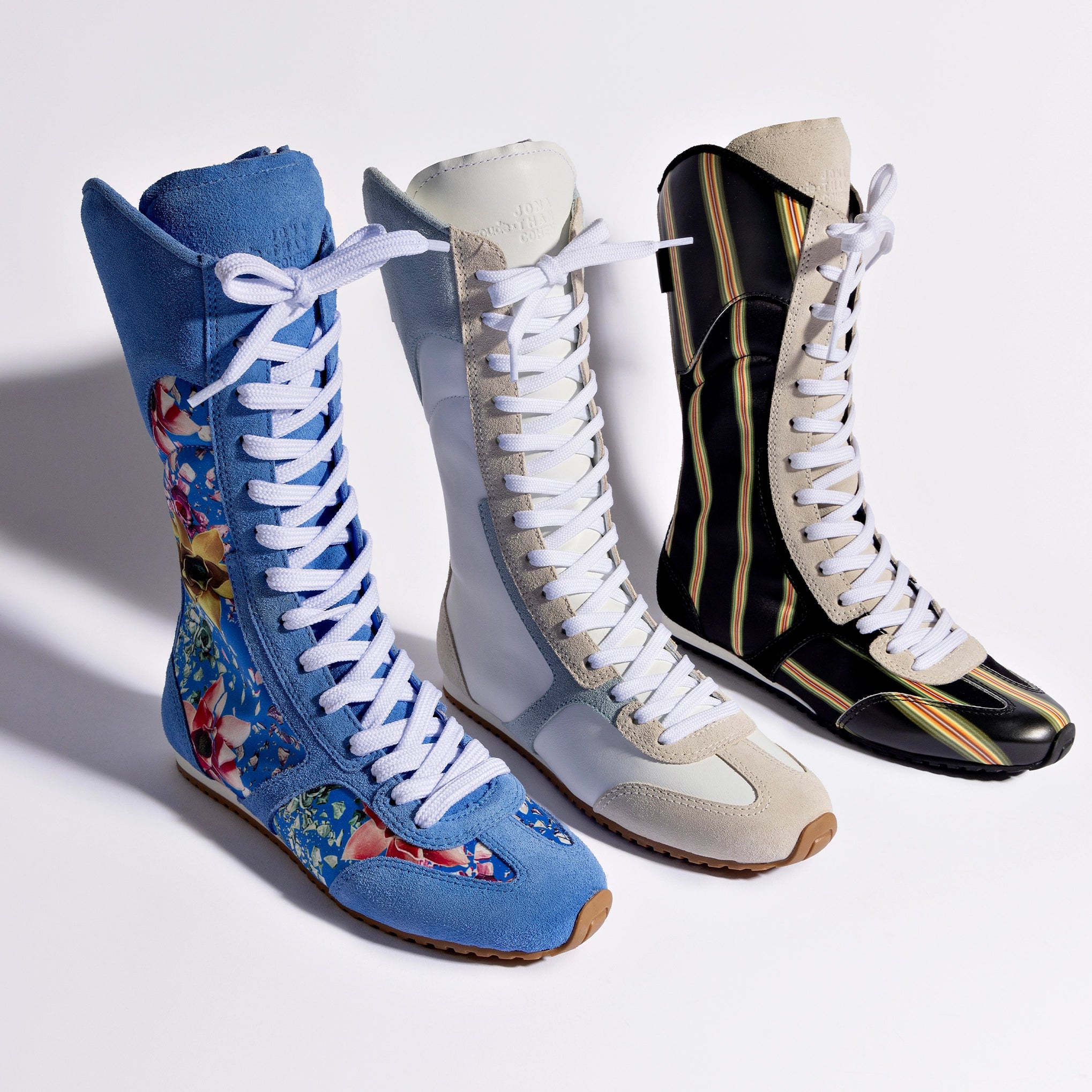 Larroude x Jonathan Cohen Flat Lo Sneaker Boot In Dodger Blue and Gardenias Colored Satin