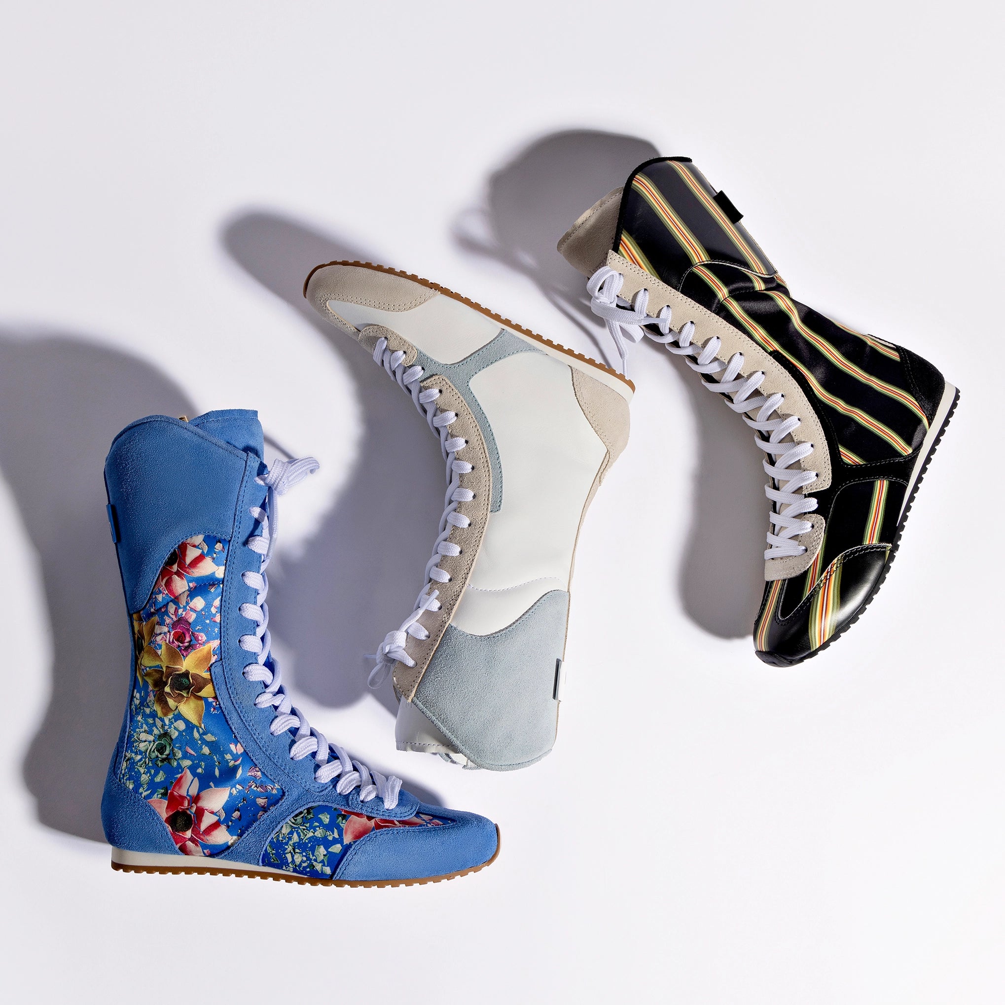 Larroude x Jonathan Cohen Flat Lo Sneaker Boot In Dodger Blue and Gardenias Colored Satin