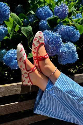 Verona Ballet Flat In White Striped Fabric and Lobster Embroidery Ballet Larroudé