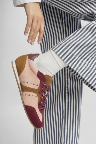 Stella Sneaker In Tulip, Russet and Wine Suede and Silver Metallic Leather Sneaker Larroudé