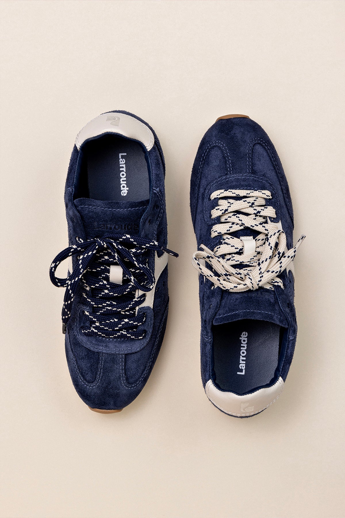 Stella Sneaker In Navy Suede and Ivory Leather – Larroude