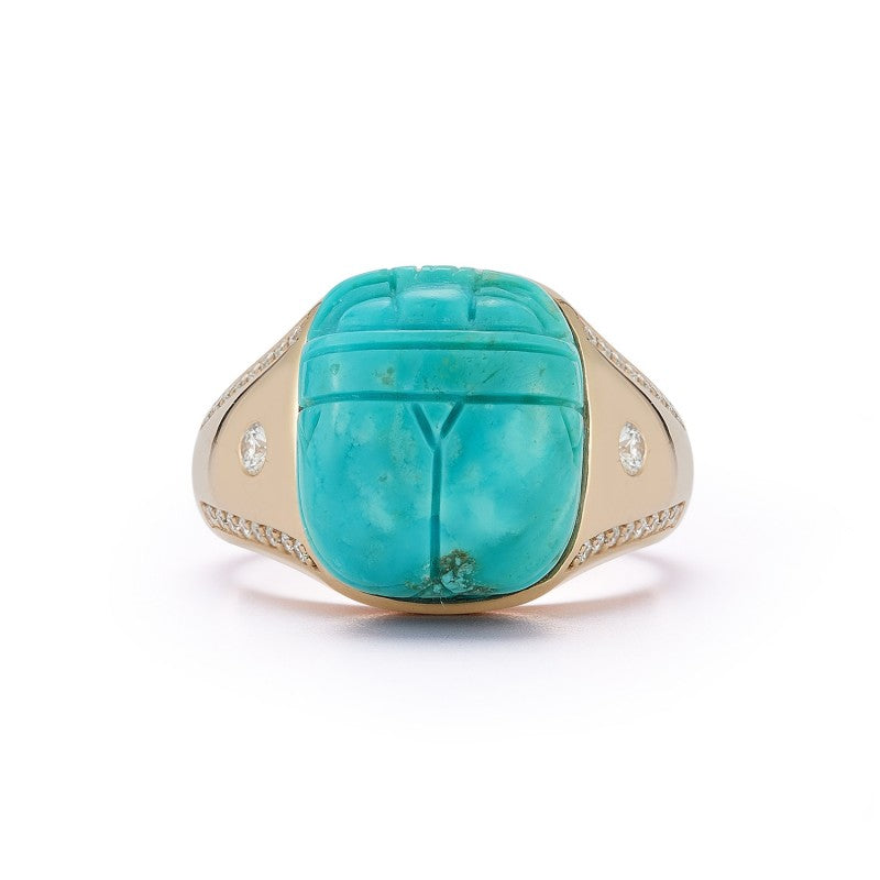 Hand Carved Turquoise Scarab and Diamond Signet Ring