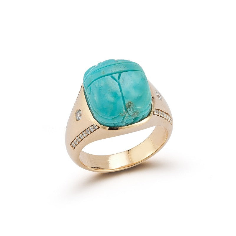 Hand Carved Turquoise Scarab and Diamond Signet Ring