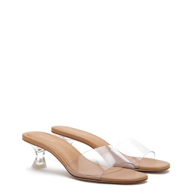 Vivi Lucite Mule In Tan Leather and Vinyl - Larroude