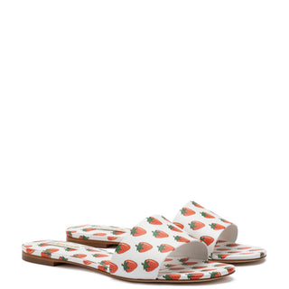 Ivy Flat Mule In White and Strawberry Print Leather Flat - Sandal Larroudé