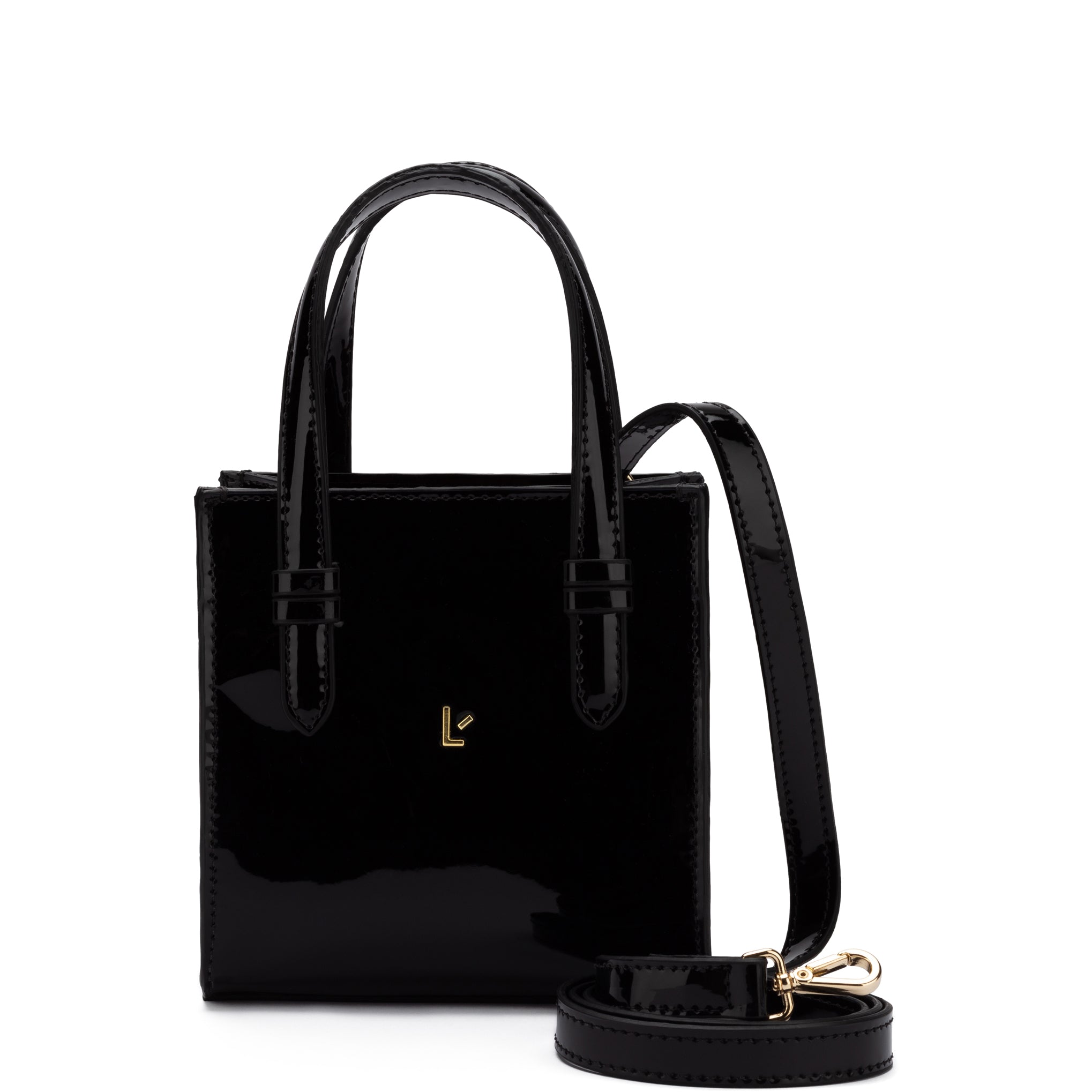 Larroudé Mini Phoebe Tote Bag in Black Vegan Patent Leather U