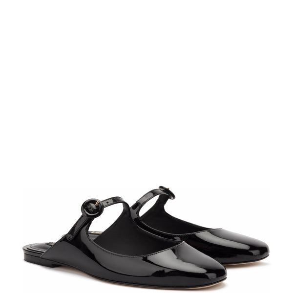 Blair Flat Mule In Black Patent Leather - Larroude