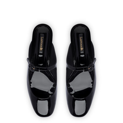 Blair Flat Mule In Black Patent Leather - Larroude