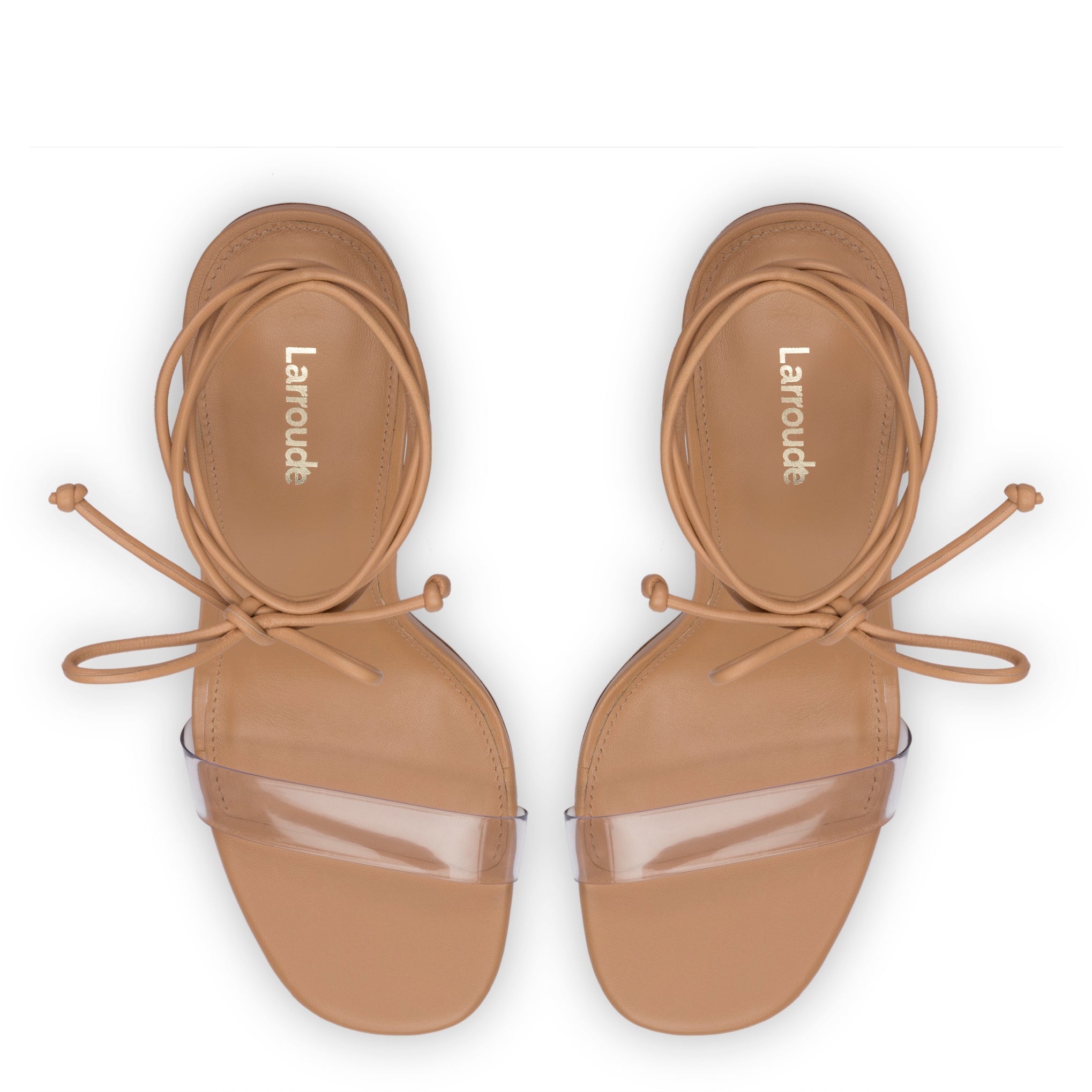 Gloria Lace up Sandal In Tan Leather and Vinyl with Acrylic Heel